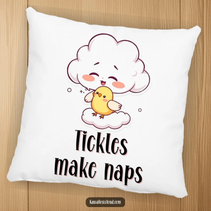 Funny giggling cloud pillow featuring a character playfully tickling a bird with cloud wisps, offering comfort and humorous charm.