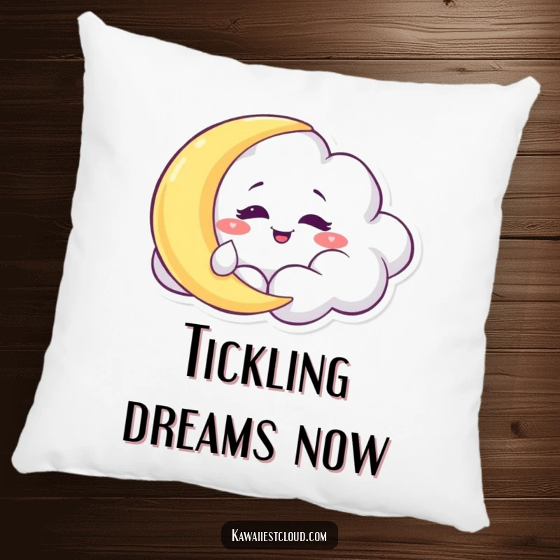 Funny Pillow: A mischievous cloud character with a grinning expression, tickling a sleepy moon softly.
