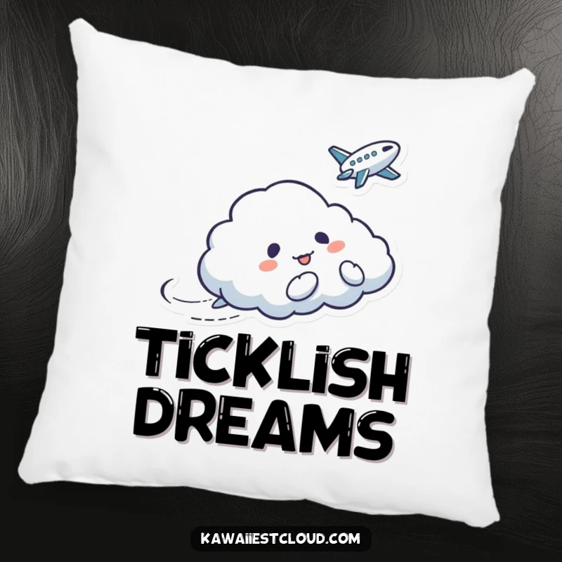 Funny pillow featuring a mischievous cloud character tickling a bird, offering comfort and a touch of playful decor.