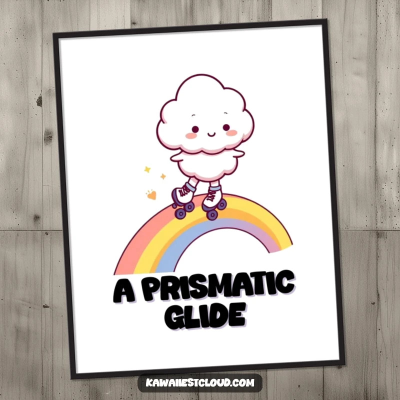 Funny digital art print of a cheerful cloud character in roller skates, joyfully gliding on a brilliant rainbow, capturing a vibrant and humorous moment.