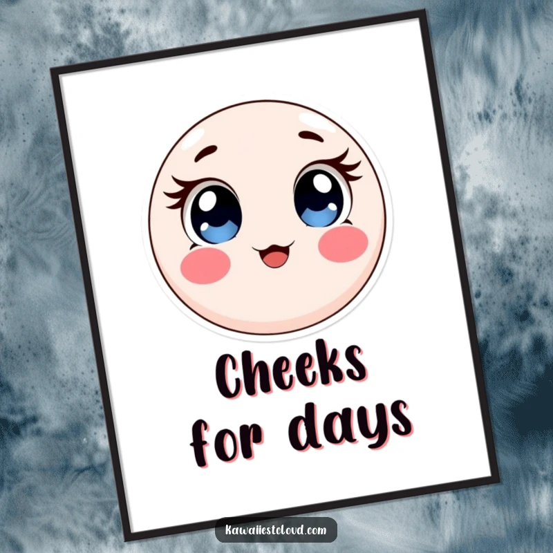 Funny digital art print of a round, soft object with large, expressive eyes and rosy cheeks, perfect for instant adorable decor.