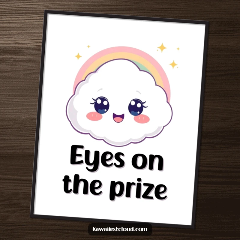 Funny digital art print of a delighted cloud character with big eyes seeing a rainbow, ready for humorous decor.