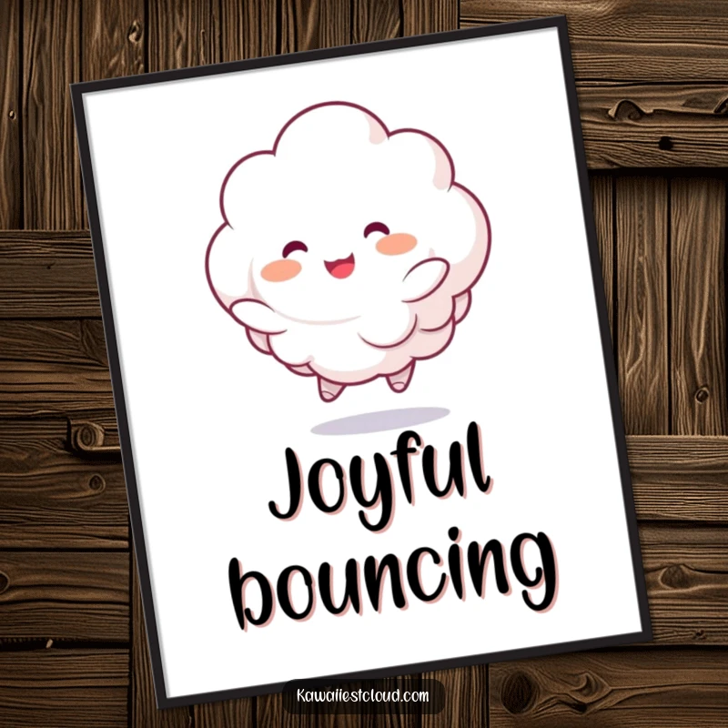 Funny digital art print of a fluffy cloud character joyfully bouncing with rosy cheeks, offering cheerful humor and adorable visual appeal.