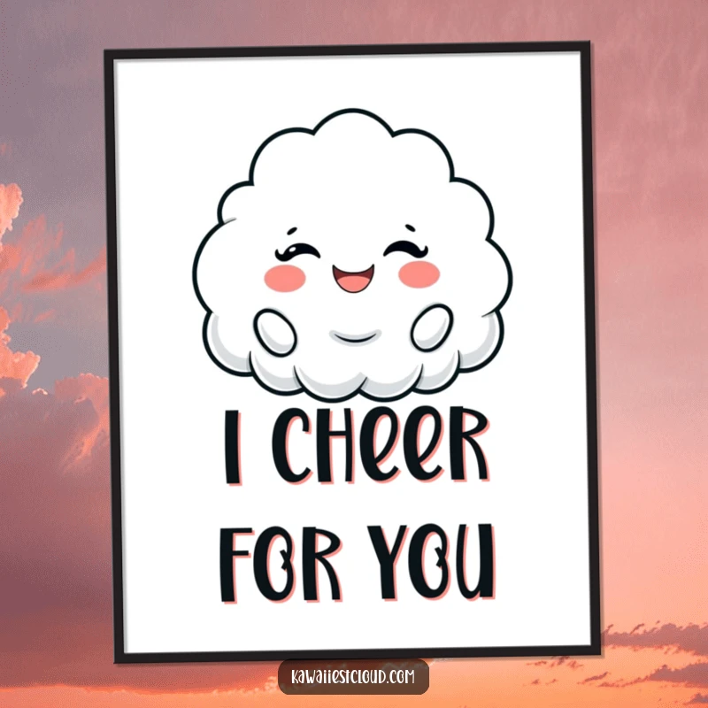 Funny digital art print of a cloud character cheering with a wide, fluffy smile, embodying contagious happiness.