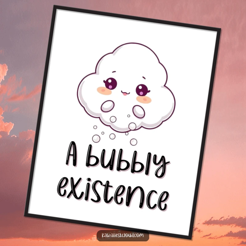 Funny digital art print depicting a beaming cloud character joyfully puffing out small, shimmering bubbles, evoking a sense of playful magic and humor.