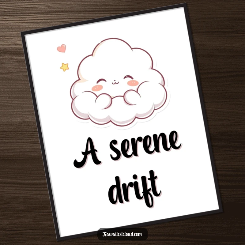 Funny digital art print depicting a dreaming cloud character with a peaceful expression, floating serenely, evoking a sense of calm and gentle humor.