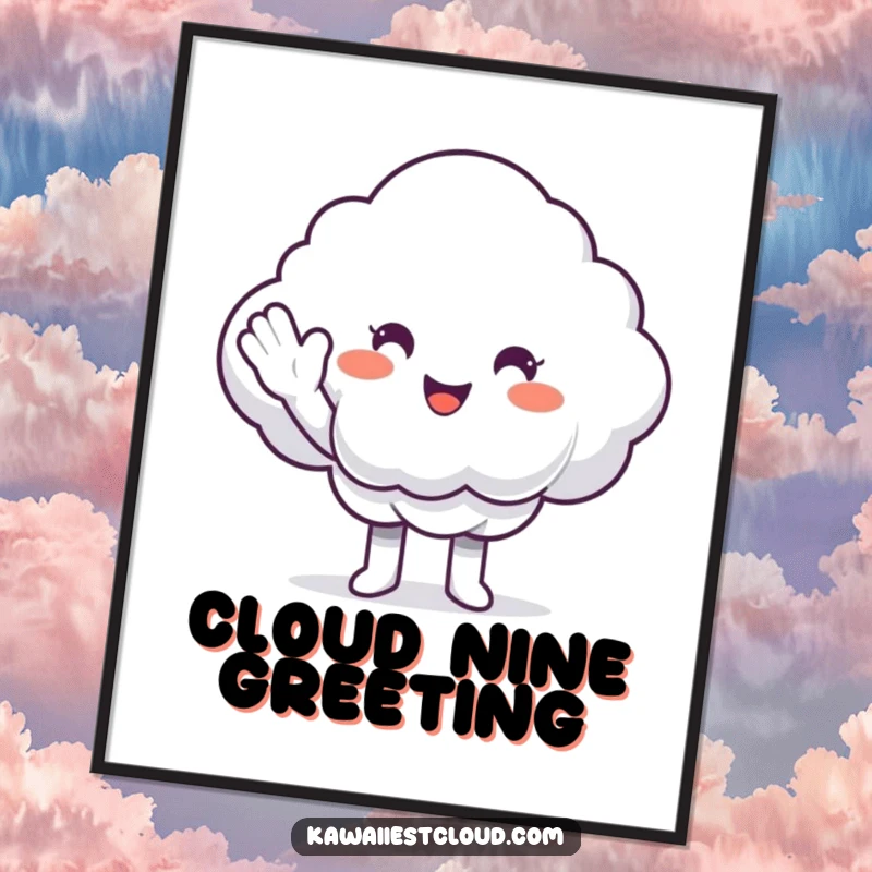 Funny Digital Art Print: A smiling cloud character joyfully giving a fluffy white cloud a high-five.