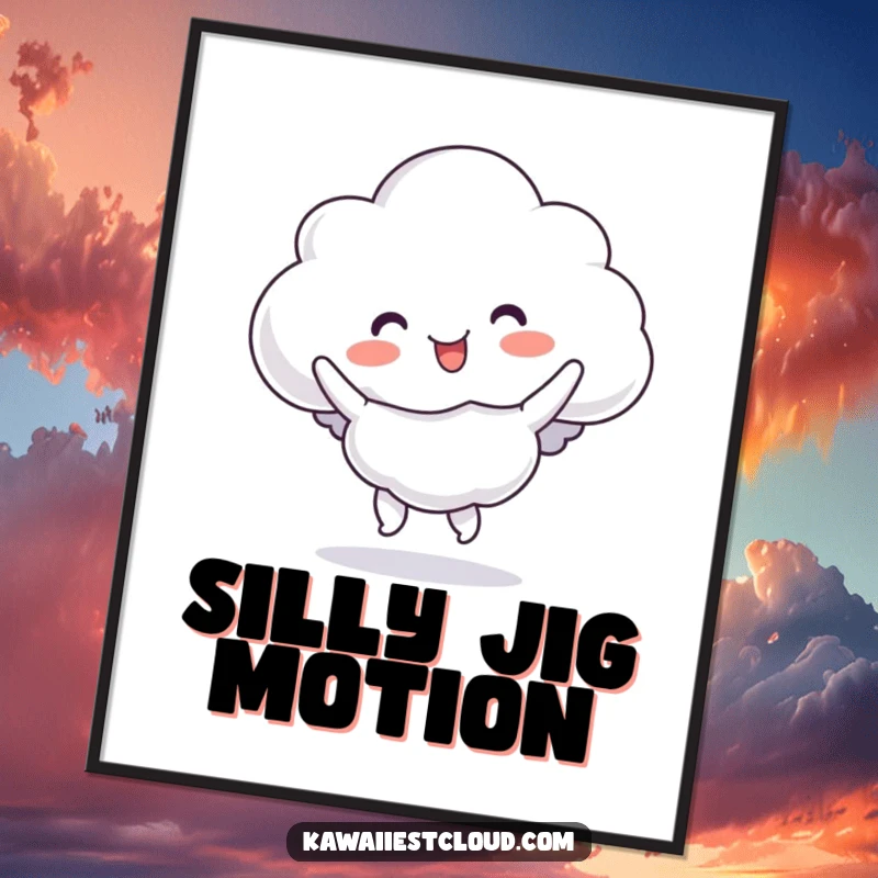 Funny cloud character digital art print doing a silly, bouncy jig, radiating energetic fun and happiness.