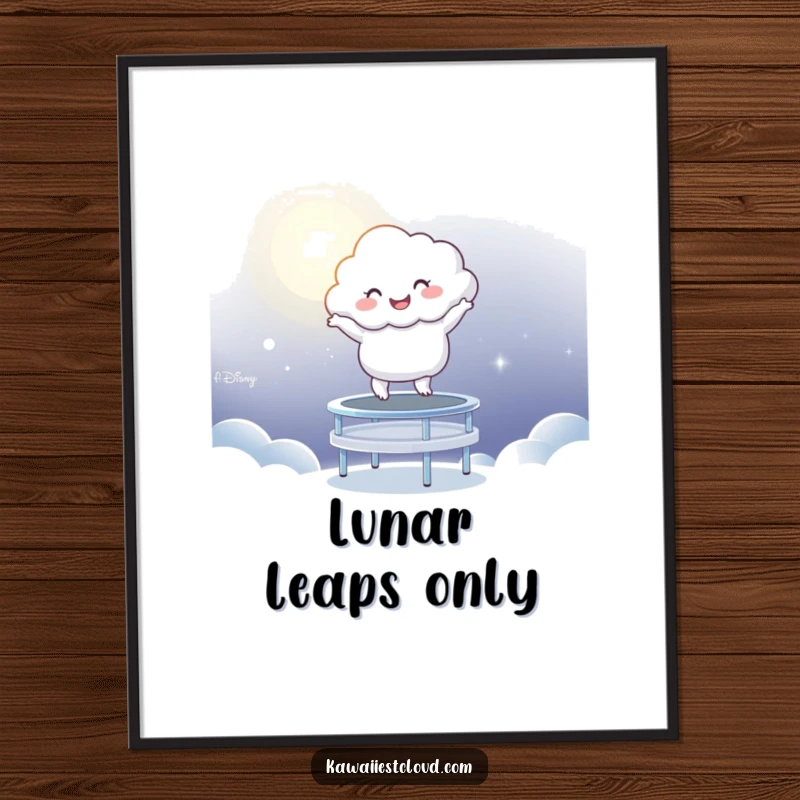 Funny Digital Art Print: A happy cloud character joyfully bouncing on a magical trampoline made of soft moonlight.