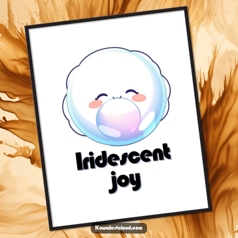 Funny digital art print of a delighted cloud character joyfully blowing a giant, iridescent bubble, perfect for decor.