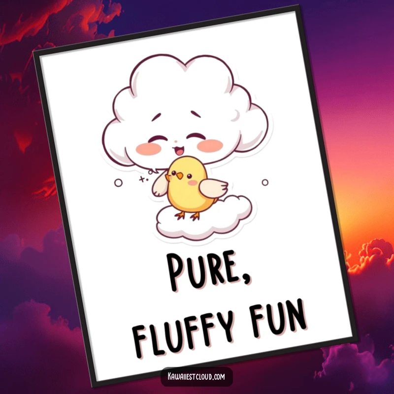 Funny giggling cloud digital art print of a character tickling a bird with wisps, offering instant joy and heartwarming humorous decor.