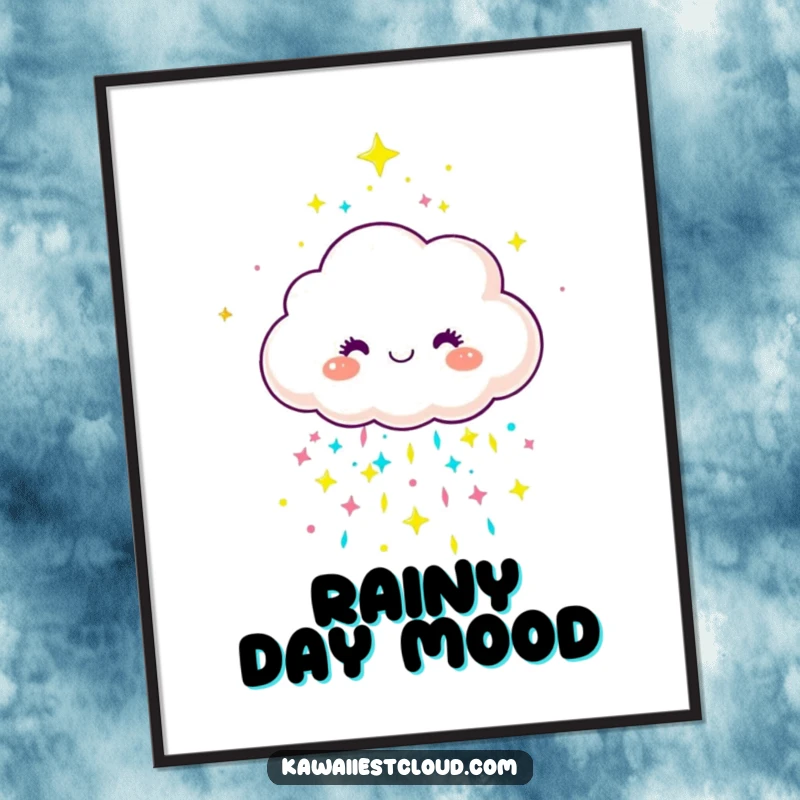 Funny joyful cloud character showering colorful, sparkly rain, available as a downloadable digital art print.