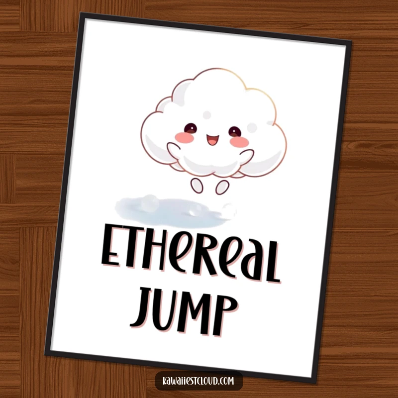 Funny digital art print of a happy cloud character joyfully bouncing on a shimmering, ethereal surface, perfect for decor.