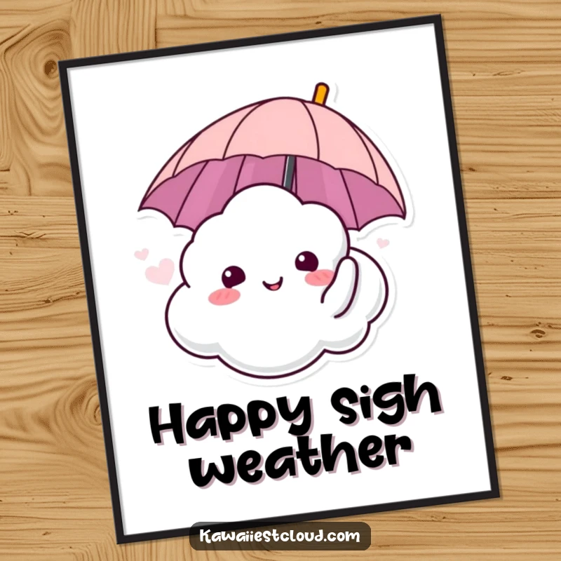 Funny digital art print of a cloud character sighing happily with an umbrella, offering instant peace and humor.