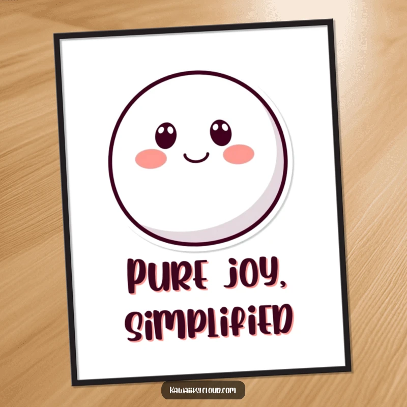 Funny rounded character digital art print with two dot eyes and a curved smile, embodying pure joy and simple, humorous charm.