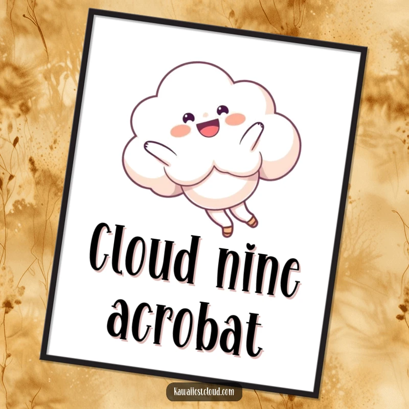 Funny Digital Art Print of a delighted cloud character performing a playful somersault in the sky, bringing energy and cheer.