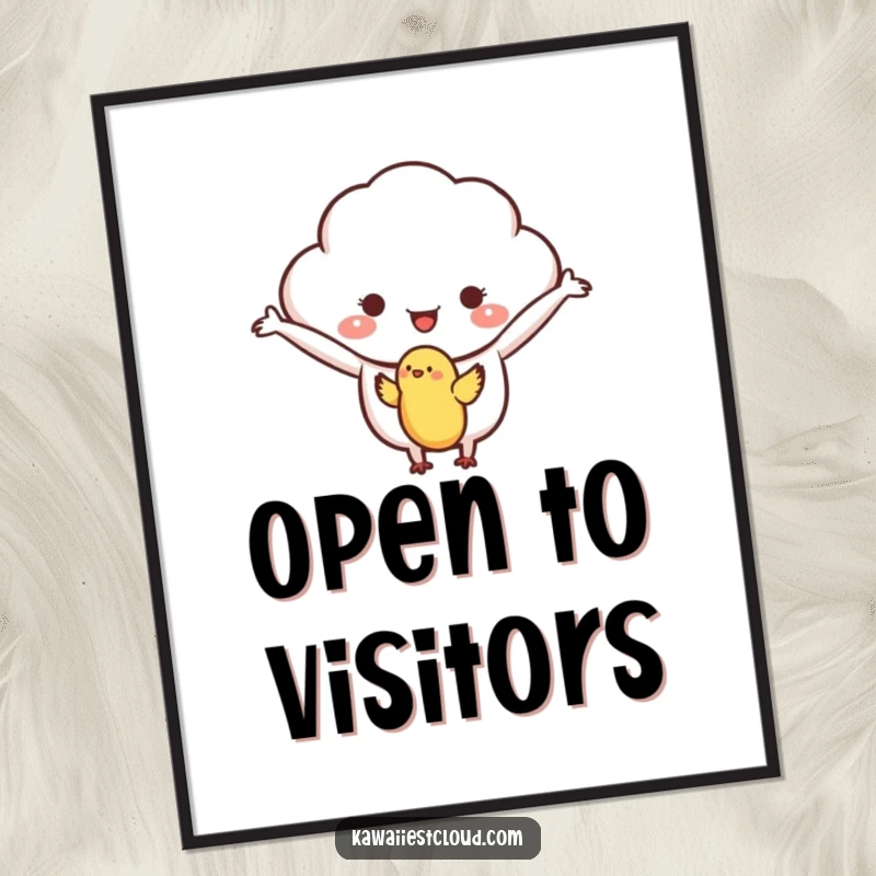 Funny digital art print of a welcoming cloud character with arms outstretched, gently welcoming a small bird.