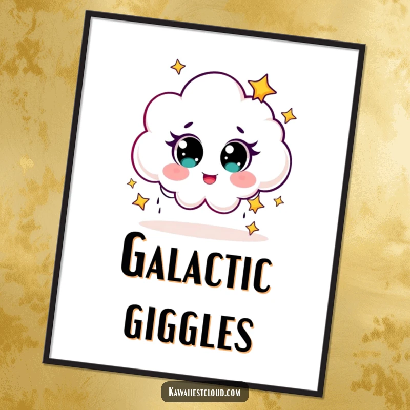 Funny Digital Art Print of a cute cloud character with big eyes, giggling while raining tiny, sparkling stars.