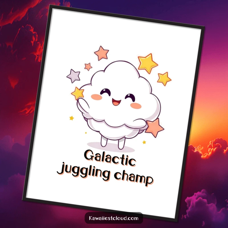 Funny digital art print of a smiling cloud character expertly juggling luminous stars, perfect for whimsical decor.