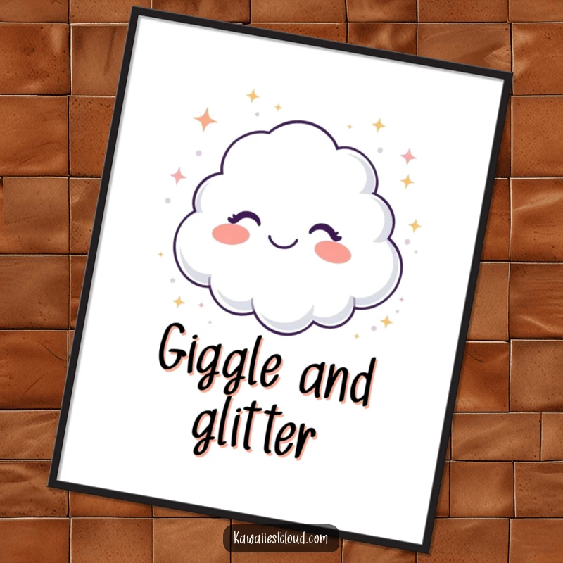 Funny digital art print of a giggling cloud showering sparkling glitter, offering instant magic and humor.