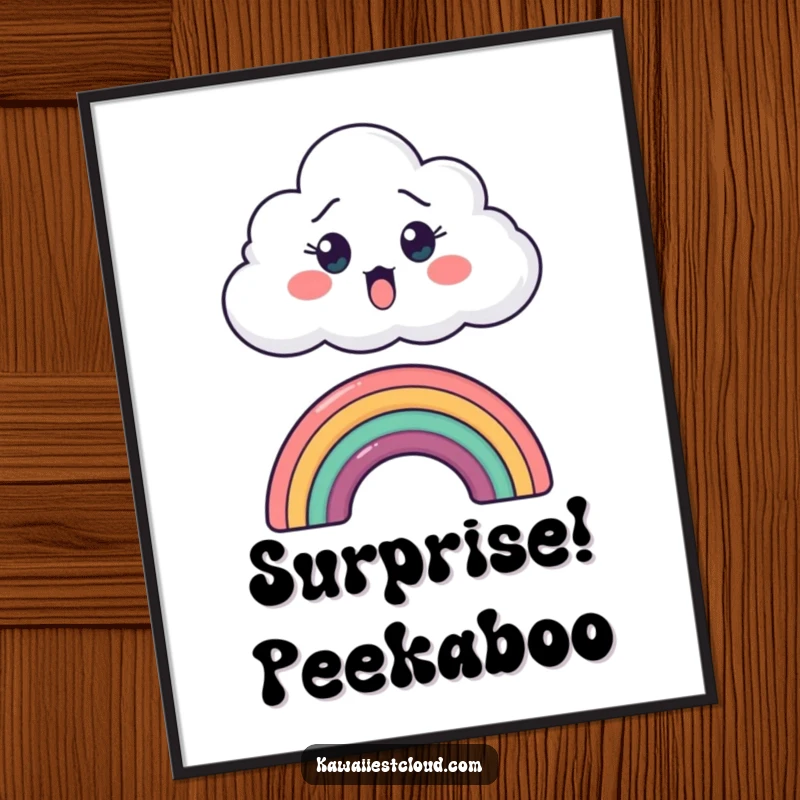 Funny digital art of a cartoon cloud with wide eyes peeking over a tiny rainbow, capturing a comical surprised expression.