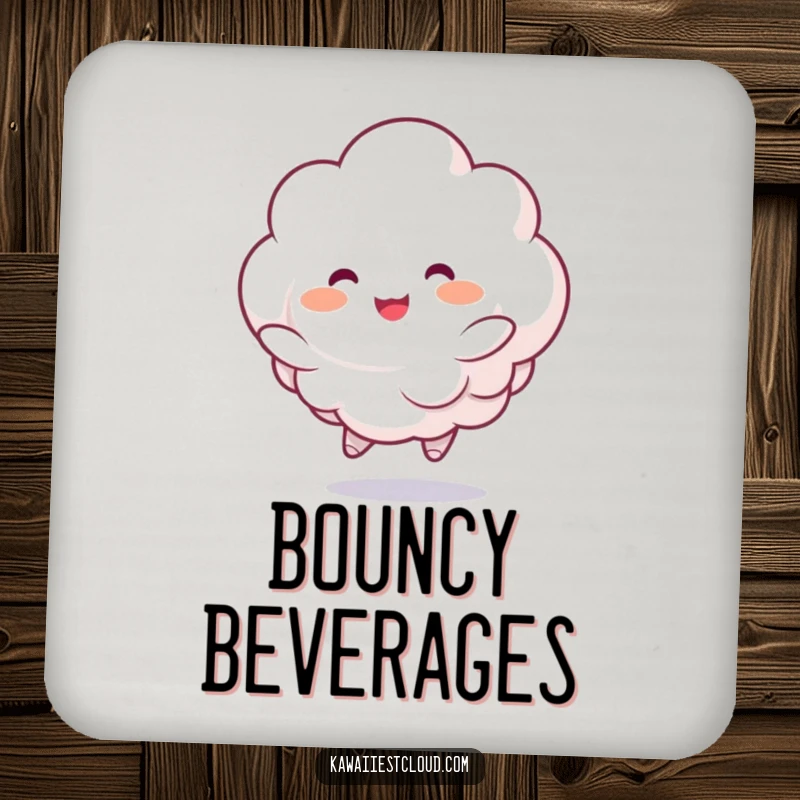 Funny drink coaster featuring a fluffy cloud character joyfully bouncing with rosy cheeks, offering protection with a cute and cheerful design.