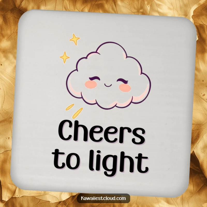 Funny winking cloud character leaving a trail of light on a drink coaster, protecting surfaces magically.