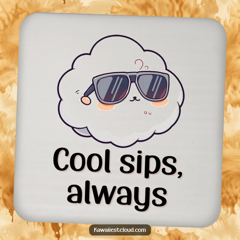 Funny cool cloud drink coaster featuring a character in oversized sunglasses, offering stylish protection for surfaces with a humorous touch.