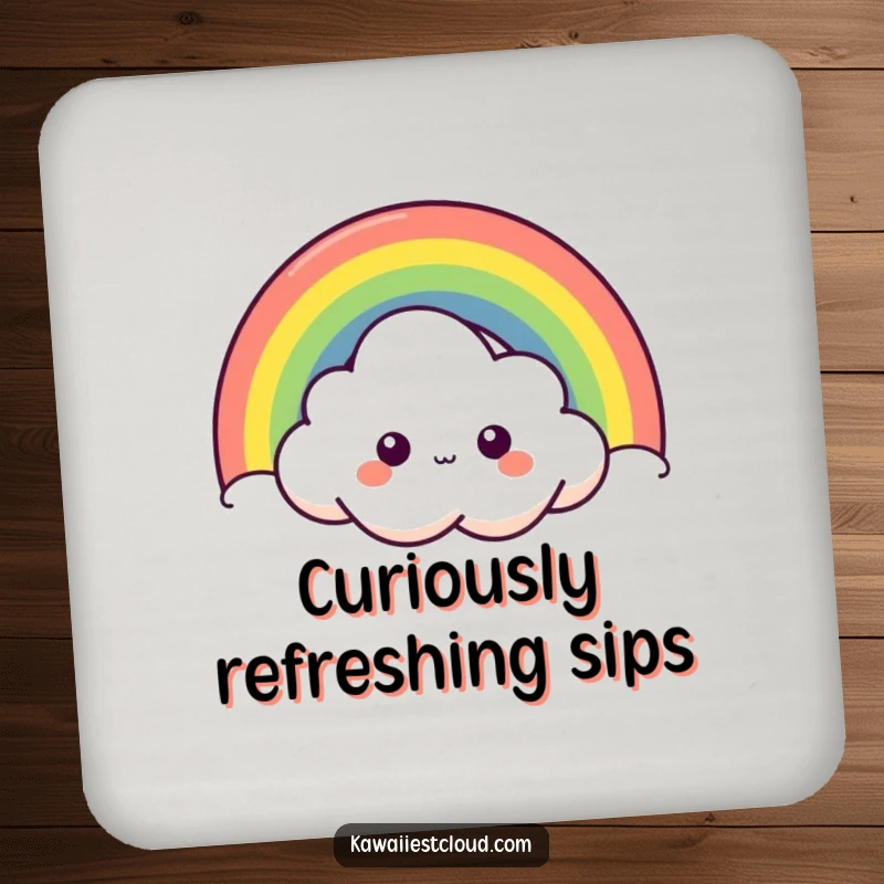 Funny curious cloud drink coaster with a character peeking from behind a vibrant rainbow, offering protection with a playful and humorous design.