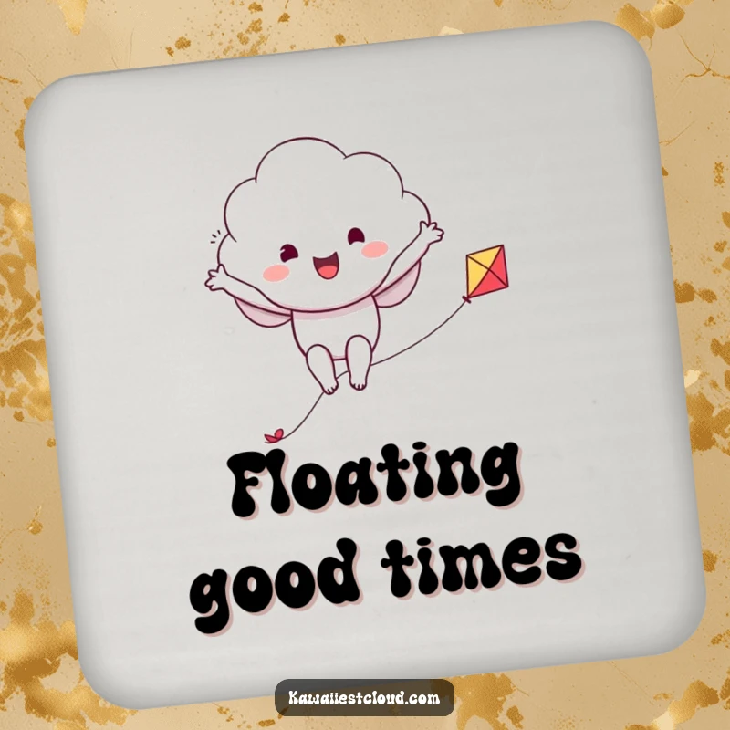 Funny drink coasters featuring a cloud character joyfully riding a kite, adding a touch of airborne humor.