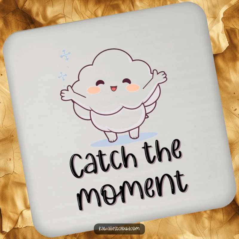 Funny coaster featuring a cartoon cloud with arms outstretched, catching a snowflake, bringing winter cheer.