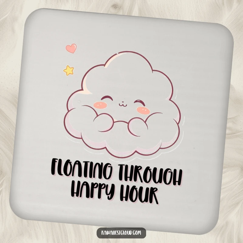 Funny drink coaster showing a dreaming cloud character with a peaceful expression, floating serenely, bringing a touch of calm humor.
