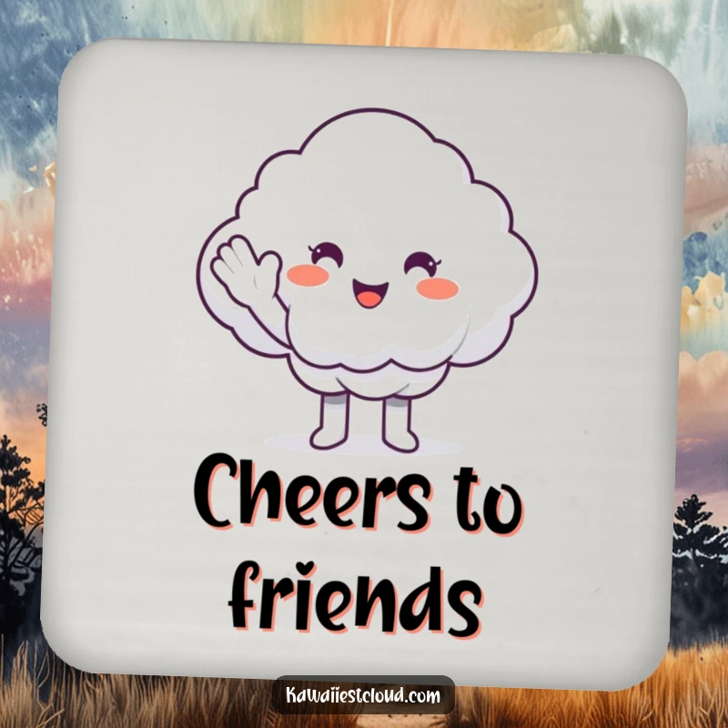 Funny Coaster: A smiling cloud character extending a high-five to a fluffy cloud, protecting surfaces with cheer.
