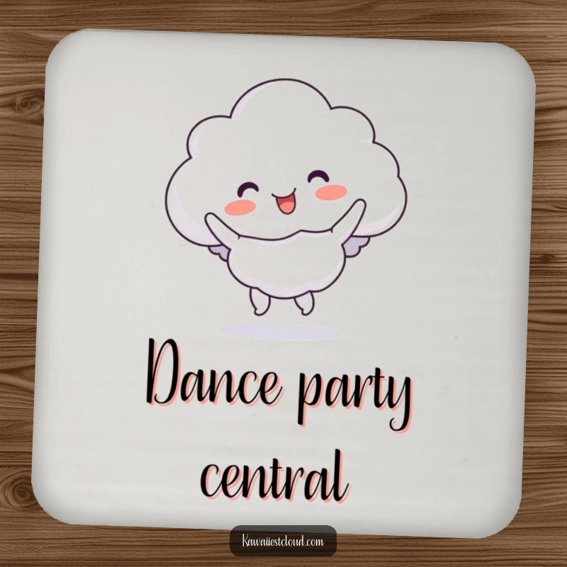 Funny cloud drink coaster showing a character performing a silly, bouncy jig, adding fun to any surface.