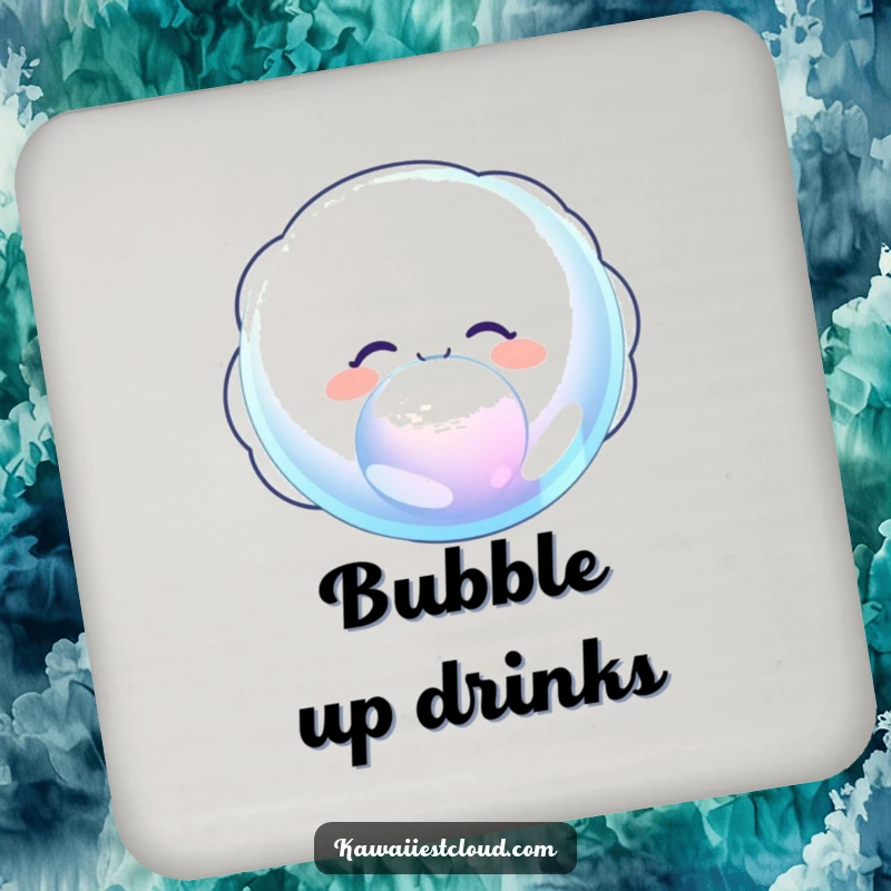 Funny coaster featuring a delighted cloud character joyfully blowing a giant, iridescent bubble, guarding drinks with charm.