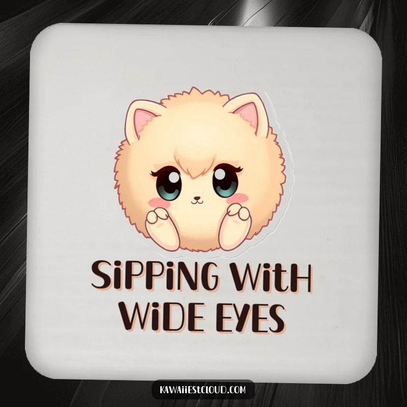 Funny fuzzy sphere coaster with large curious eyes and tiny paws, perfect for humorous drink protection.