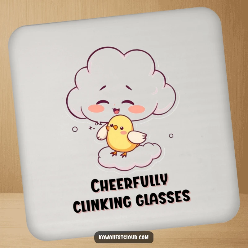 Funny giggling cloud drink coaster featuring a character tickling a bird with wisps, offering protection with a playful and humorous design.
