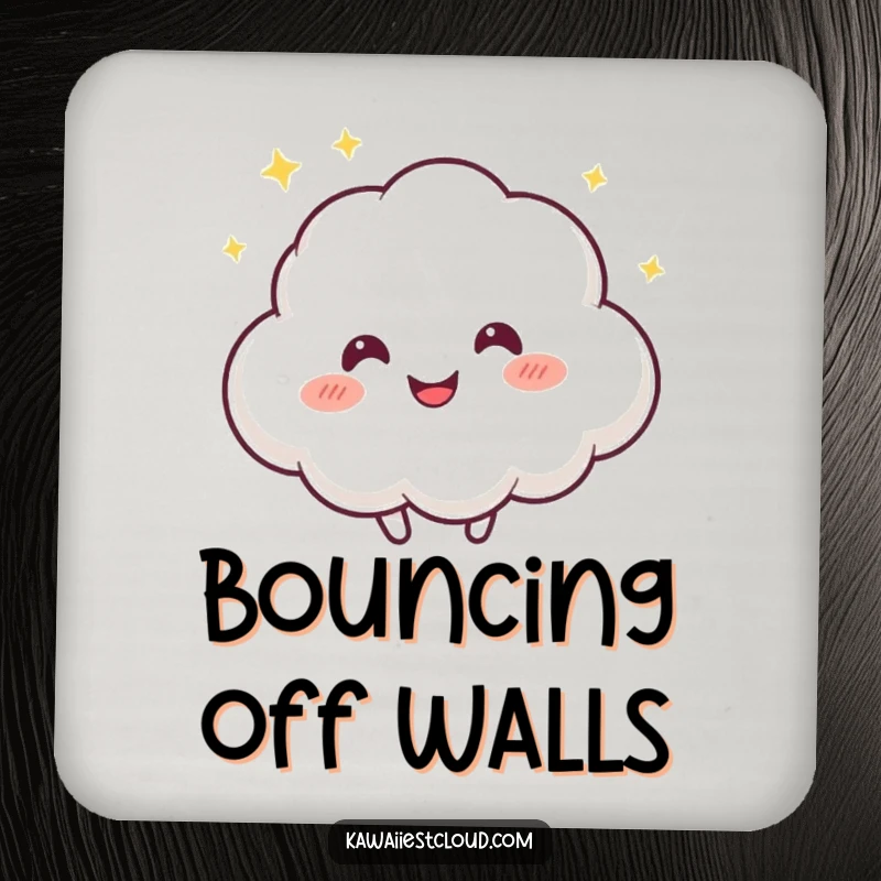Funny coaster featuring a playful cloud character with a mischievous twinkle, bouncing happily, adding fun protection.