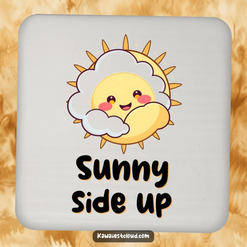 Funny Coaster: Cute cloud character with a happy, wide grin peeking from behind a large sun, bringing cheer.