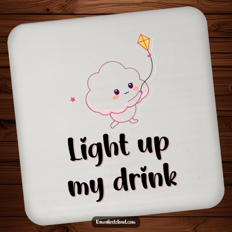 Funny drink coaster featuring a playful cloud character chasing a kite made of light, protecting surfaces with whimsy.