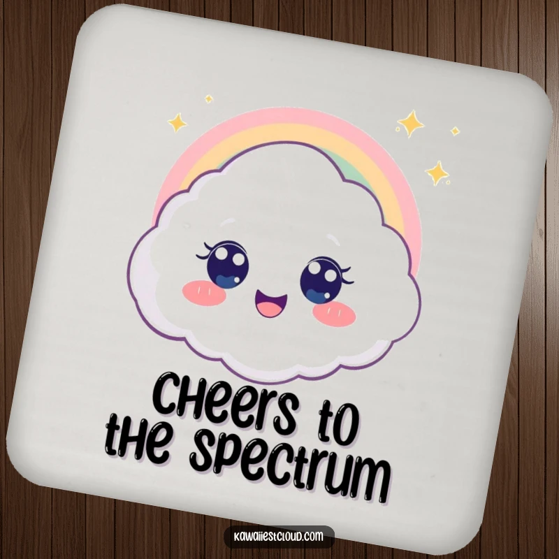 Funny drink coaster featuring a delighted cloud character with big eyes looking at a rainbow, providing surface protection with humor.