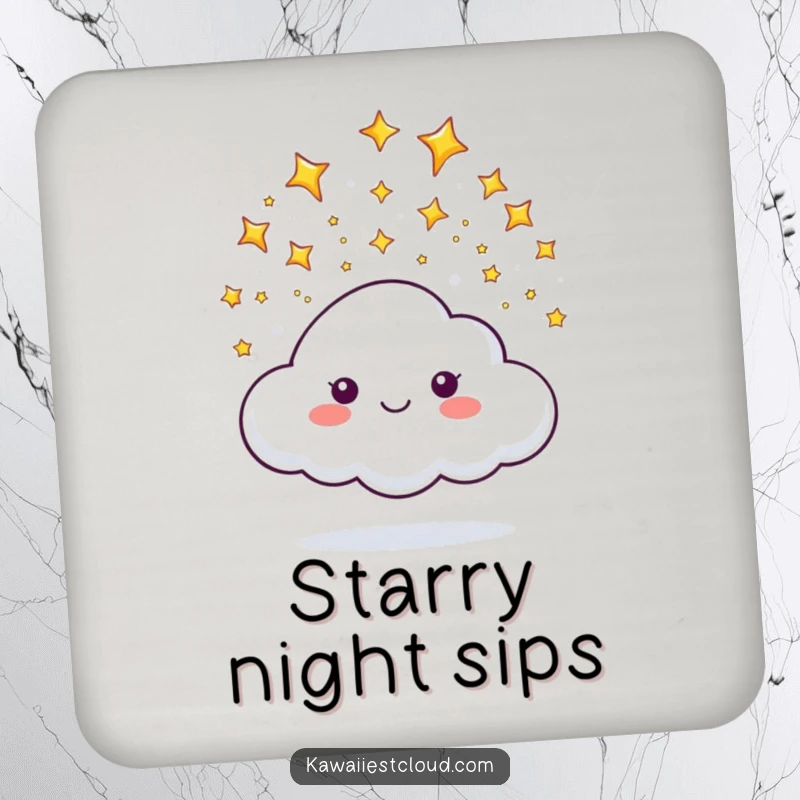Funny drink coaster featuring a cloud character happily showering tiny, sparkling stars, adding celestial magic to any table.