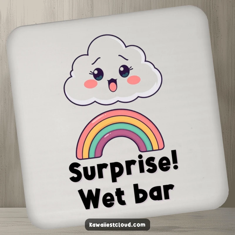 Funny coaster featuring a surprised cartoon cloud peeking over a miniature rainbow, protecting surfaces with humor.