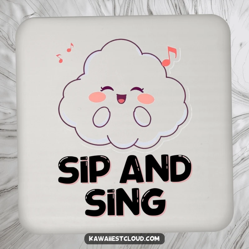 Funny drink coaster featuring a smiling cloud character singing a happy tune, protecting surfaces with musical charm.