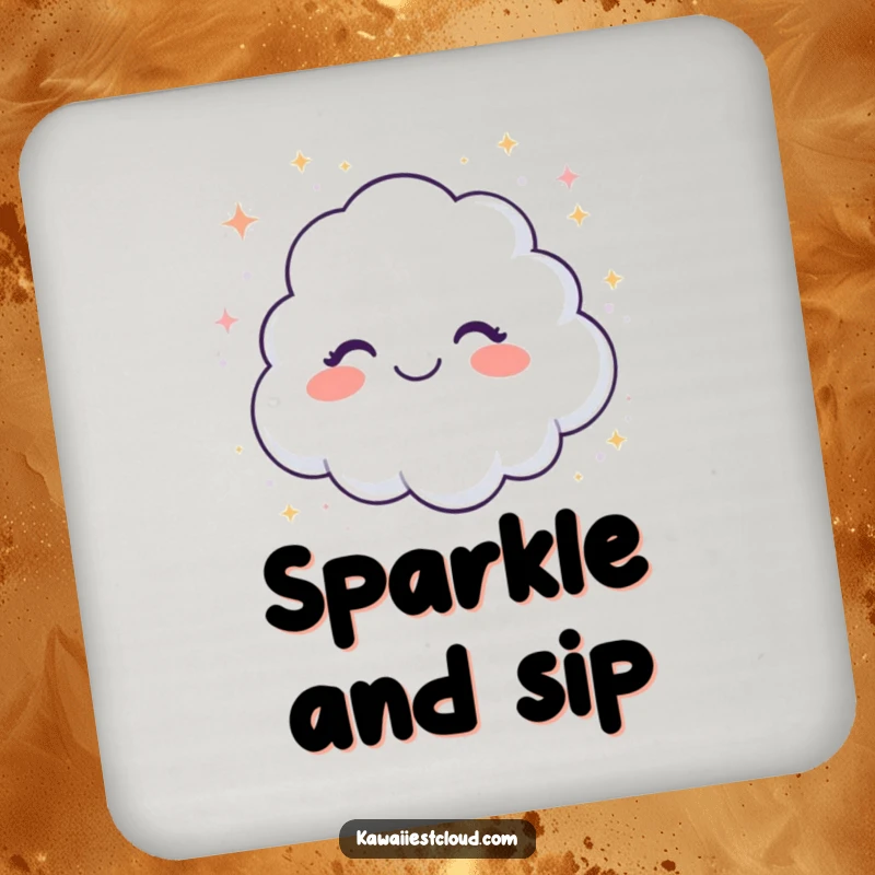 Funny drink coaster with a giggling cloud showering sparkling glitter, protecting surfaces with a magical and humorous touch.