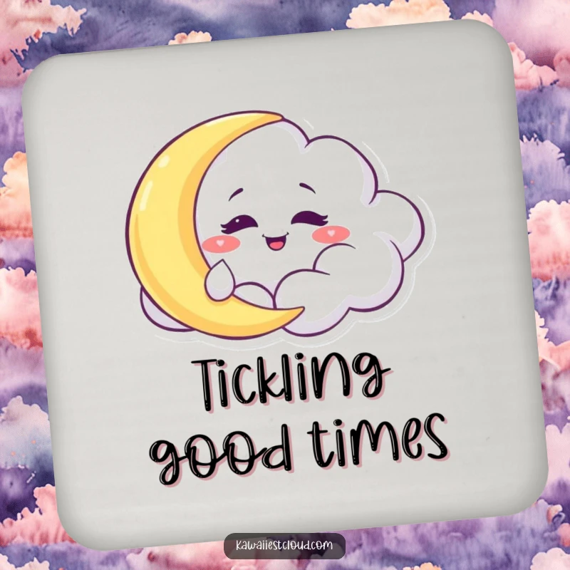 Funny Coaster: A mischievous cloud character playfully tickling a sleepy moon, protecting surfaces with a grin.