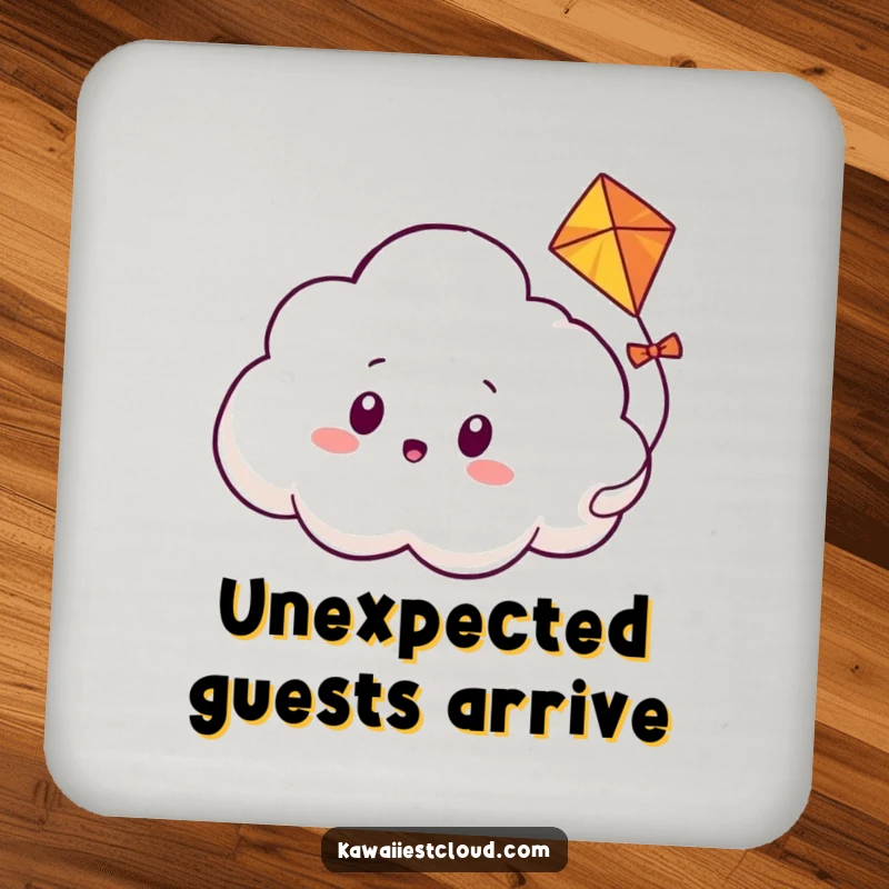 Funny drink coaster showing a cloud character looking surprised as a kite playfully weaves through its fluffy form, adding whimsical charm.