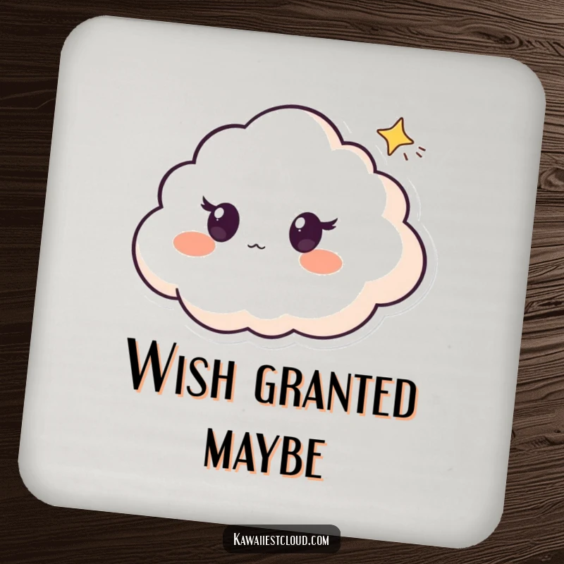 Funny coaster featuring a surprised cloud character with eyes wide, watching a tiny shooting star, adding magical protection.