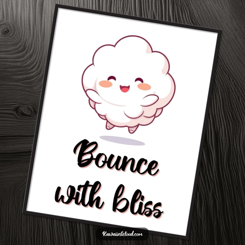 Funny poster showcasing a fluffy cloud character joyfully bouncing with rosy cheeks, radiating cheerfulness and whimsical delight.