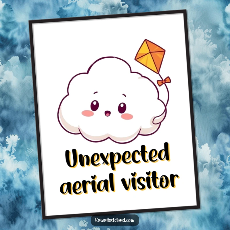 Funny poster print of a cloud character with a comically surprised expression, as a friendly kite playfully weaves directly through its fluffy body.